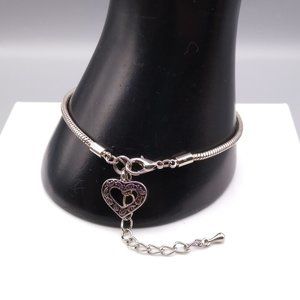 Vintage Heart Charm Bracelet or Anklet on Silver Tone Snake Chain